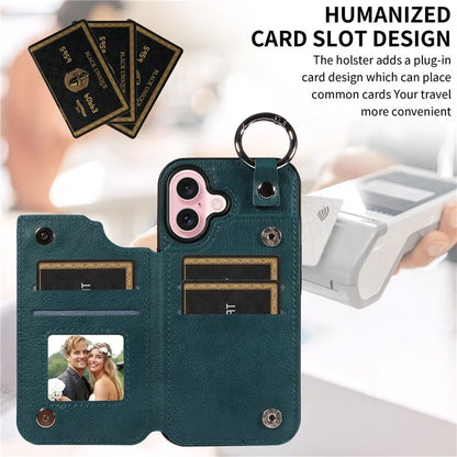 003 For iPhone 16 Case Card Slots Leather Phone Cover Double Magnetic Clasp, Ring Buckle