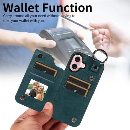 003 For iPhone 16 Case Card Slots Leather Phone Cover Double Magnetic Clasp, Ring Buckle