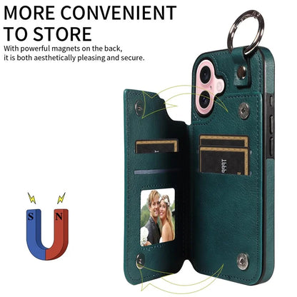 003 For iPhone 16 Case Card Slots Leather Phone Cover Double Magnetic Clasp, Ring Buckle