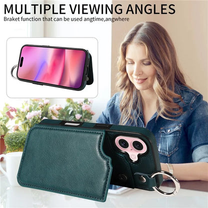 003 For iPhone 16 Case Card Slots Leather Phone Cover Double Magnetic Clasp, Ring Buckle