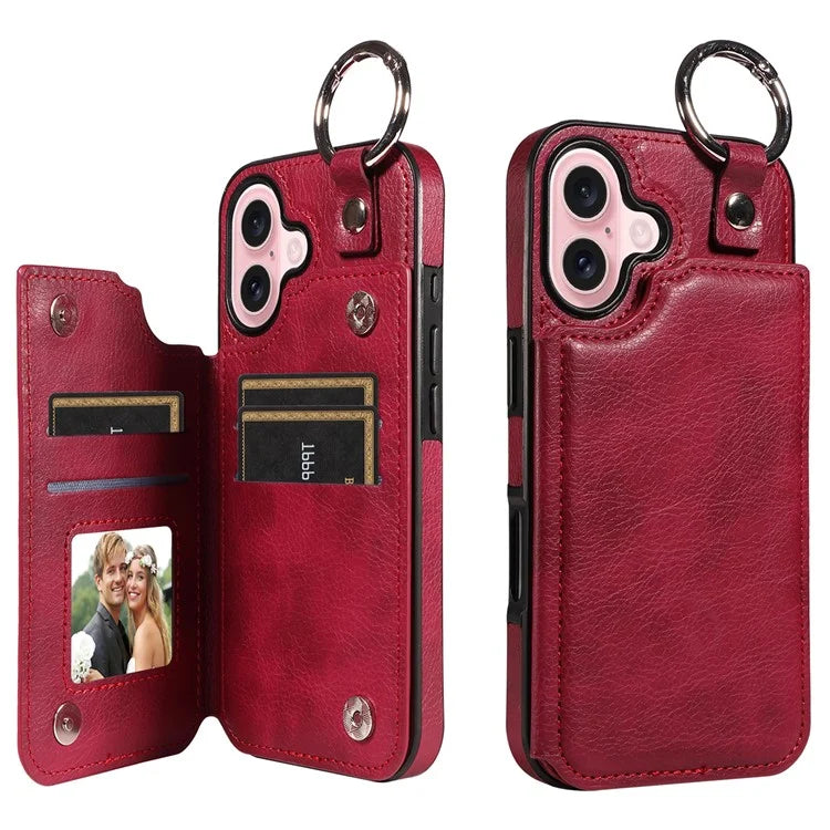 003 For iPhone 16 Case Card Slots Leather Phone Cover Double Magnetic Clasp, Ring Buckle