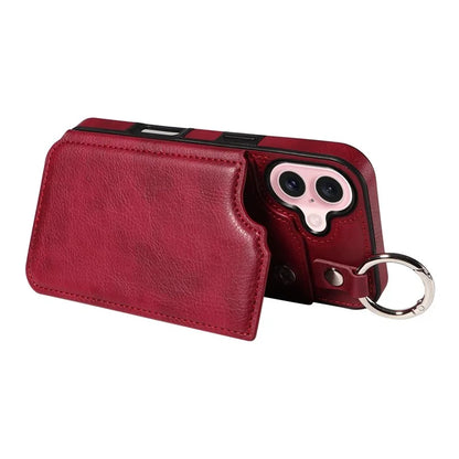 003 For iPhone 16 Case Card Slots Leather Phone Cover Double Magnetic Clasp, Ring Buckle