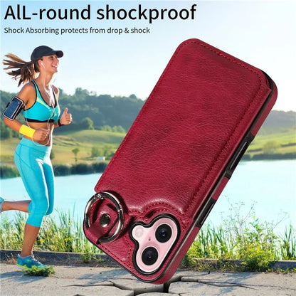 003 For iPhone 16 Case Card Slots Leather Phone Cover Double Magnetic Clasp, Ring Buckle