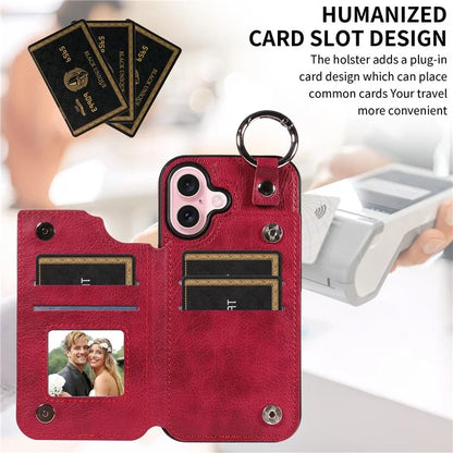 003 For iPhone 16 Case Card Slots Leather Phone Cover Double Magnetic Clasp, Ring Buckle