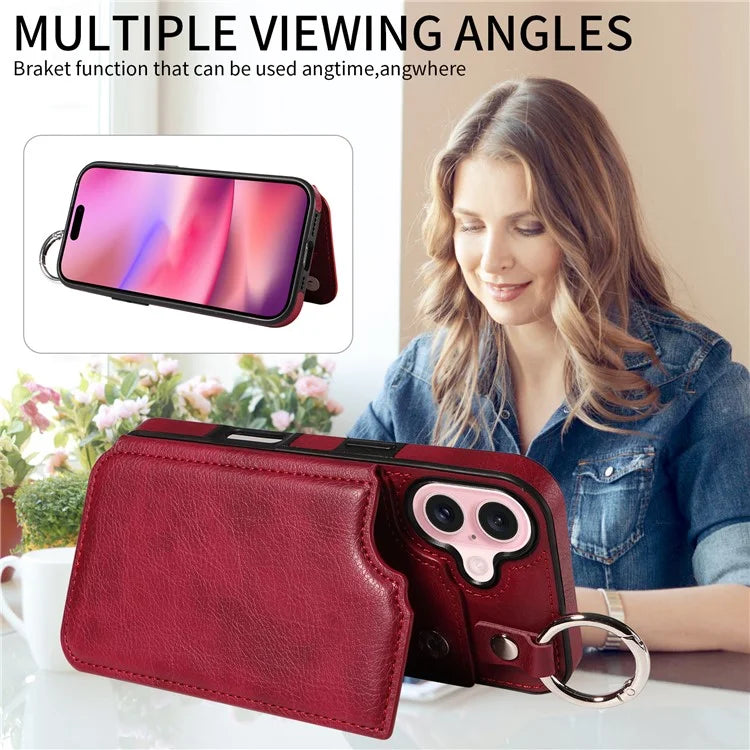 003 For iPhone 16 Case Card Slots Leather Phone Cover Double Magnetic Clasp, Ring Buckle