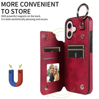 003 For iPhone 16 Case Card Slots Leather Phone Cover Double Magnetic Clasp, Ring Buckle
