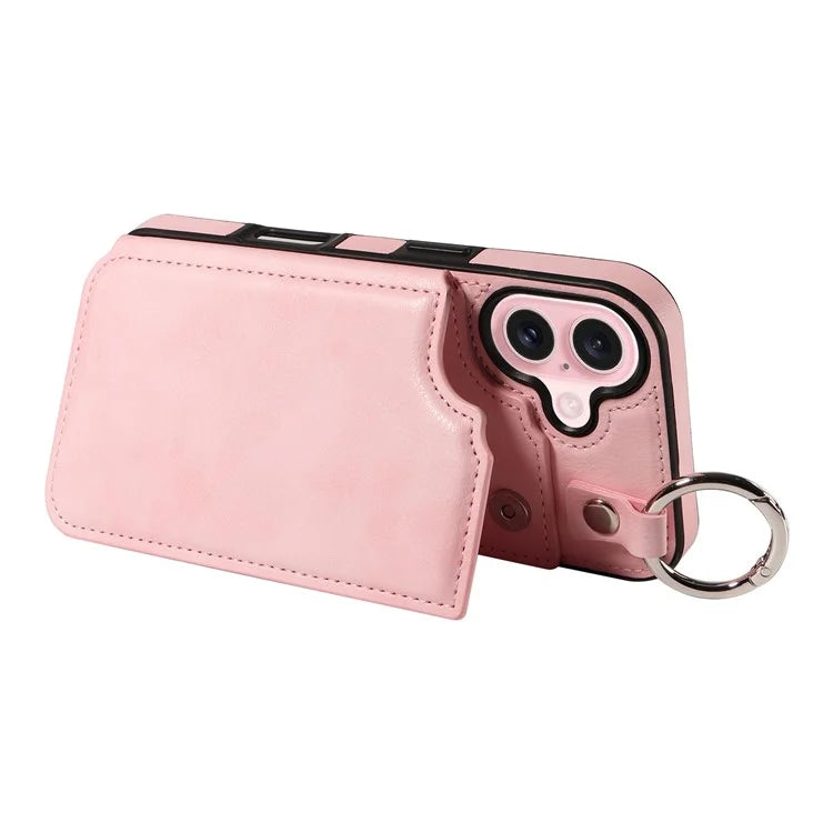 003 For iPhone 16 Case Card Slots Leather Phone Cover Double Magnetic Clasp, Ring Buckle