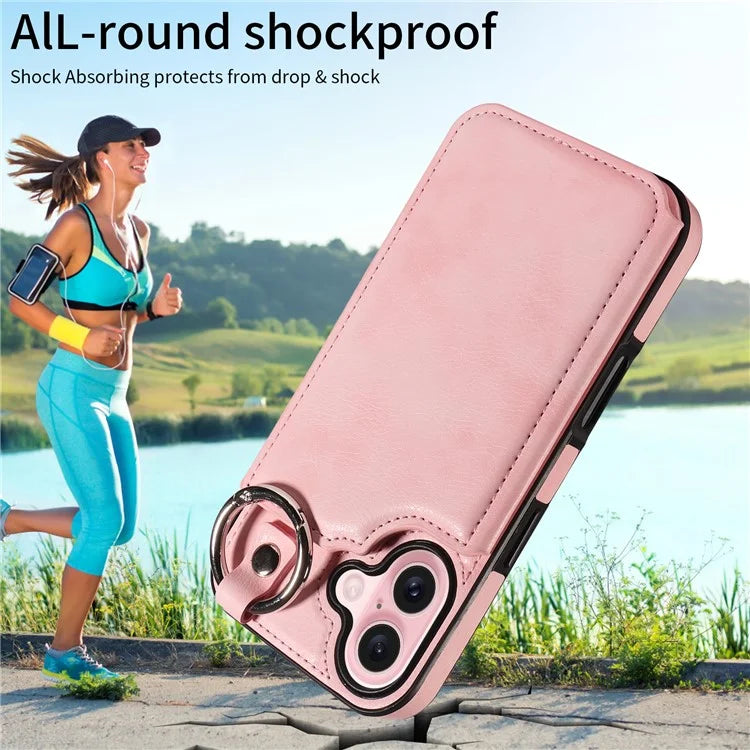 003 For iPhone 16 Case Card Slots Leather Phone Cover Double Magnetic Clasp, Ring Buckle