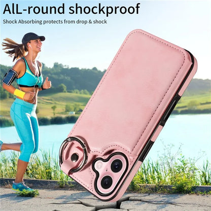 003 For iPhone 16 Case Card Slots Leather Phone Cover Double Magnetic Clasp, Ring Buckle