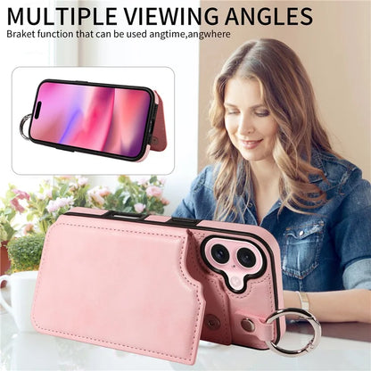 003 For iPhone 16 Case Card Slots Leather Phone Cover Double Magnetic Clasp, Ring Buckle