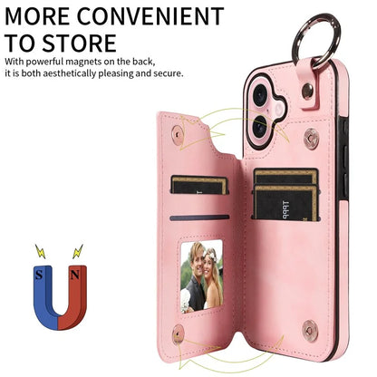 003 For iPhone 16 Case Card Slots Leather Phone Cover Double Magnetic Clasp, Ring Buckle