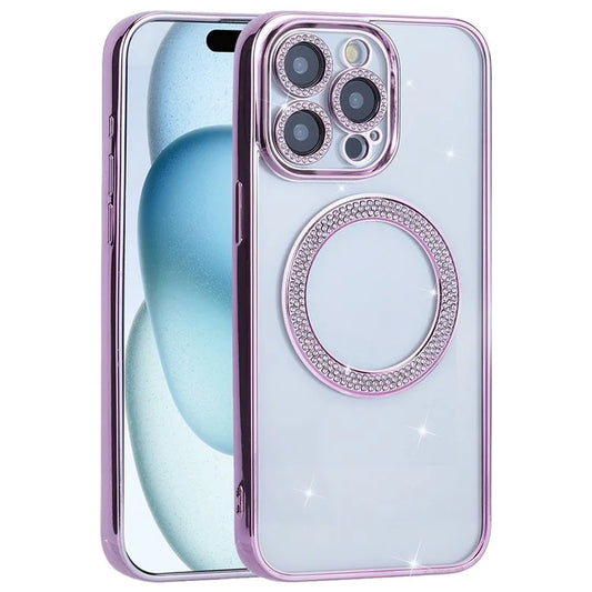 For iPhone 16 Pro Max Magnetic Case Bling Rhinestone Clear TPU + PC Phone Cover