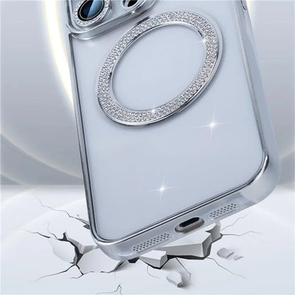 For iPhone 16 Pro Max Magnetic Case Bling Rhinestone Clear TPU + PC Phone Cover