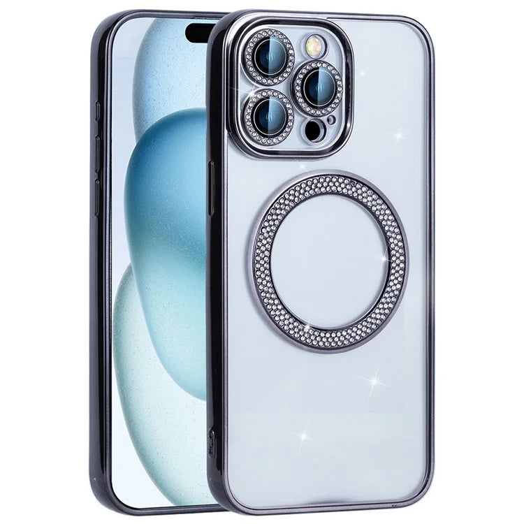 For iPhone 16 Pro Max Magnetic Case Bling Rhinestone Clear TPU + PC Phone Cover
