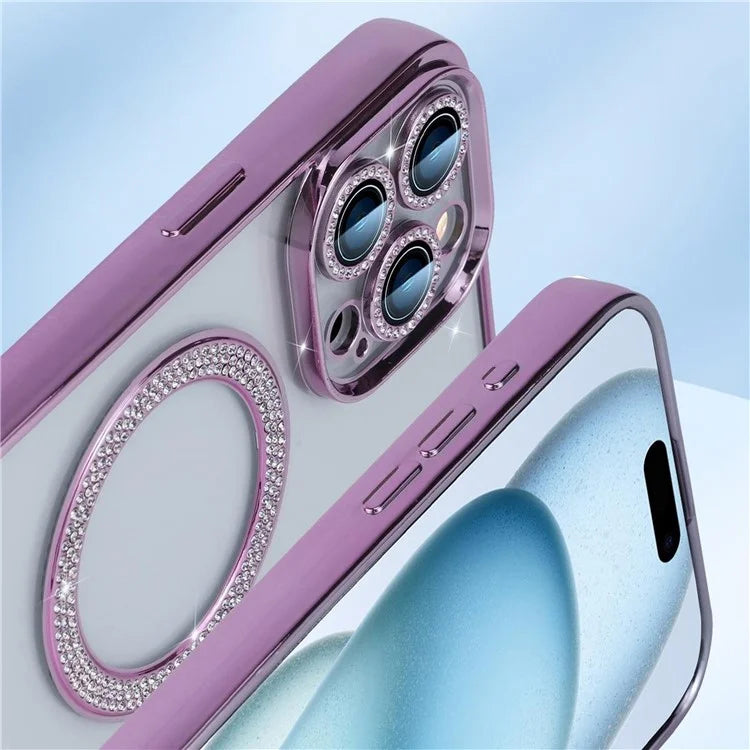 For iPhone 16 Pro Max Magnetic Case Bling Rhinestone Clear TPU + PC Phone Cover