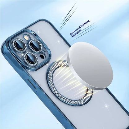 For iPhone 16 Pro Max Magnetic Case Bling Rhinestone Clear TPU + PC Phone Cover