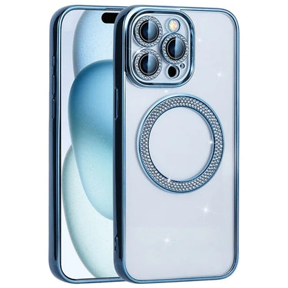 For iPhone 16 Pro Max Magnetic Case Bling Rhinestone Clear TPU + PC Phone Cover