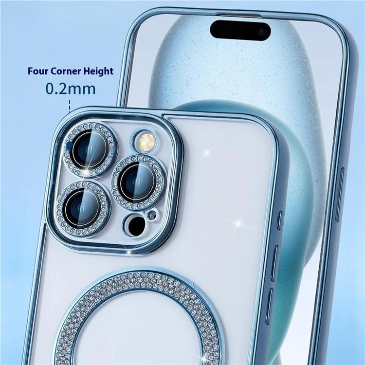 For iPhone 16 Pro Max Magnetic Case Bling Rhinestone Clear TPU + PC Phone Cover
