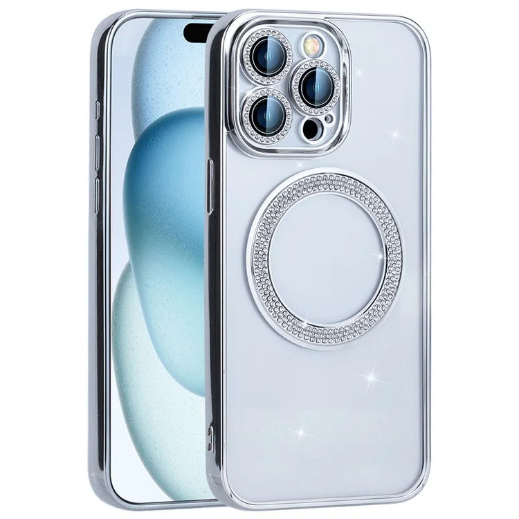 For iPhone 16 Pro Max Magnetic Case Bling Rhinestone Clear TPU + PC Phone Cover