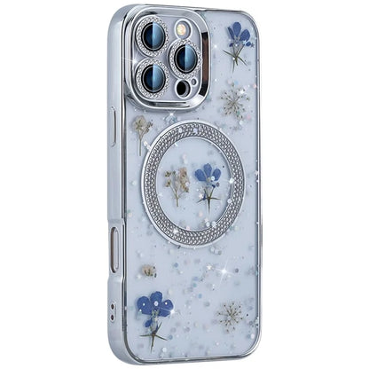 For iPhone 16 Pro Max Magnetic Case PC+TPU Epoxy Real Dried Flower Phone Cover