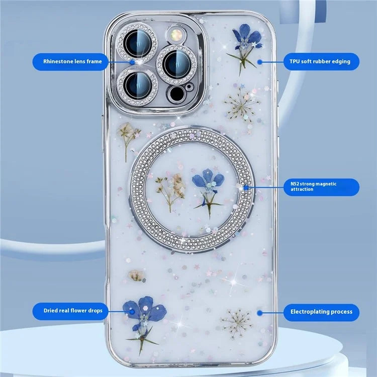 For iPhone 16 Pro Max Magnetic Case PC+TPU Epoxy Real Dried Flower Phone Cover