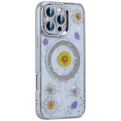 For iPhone 16 Pro Max Magnetic Case PC+TPU Epoxy Real Dried Flower Phone Cover