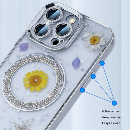 For iPhone 16 Pro Max Magnetic Case PC+TPU Epoxy Real Dried Flower Phone Cover