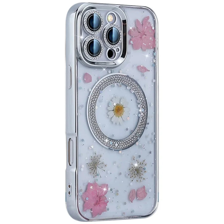 For iPhone 16 Pro Max Magnetic Case PC+TPU Epoxy Real Dried Flower Phone Cover