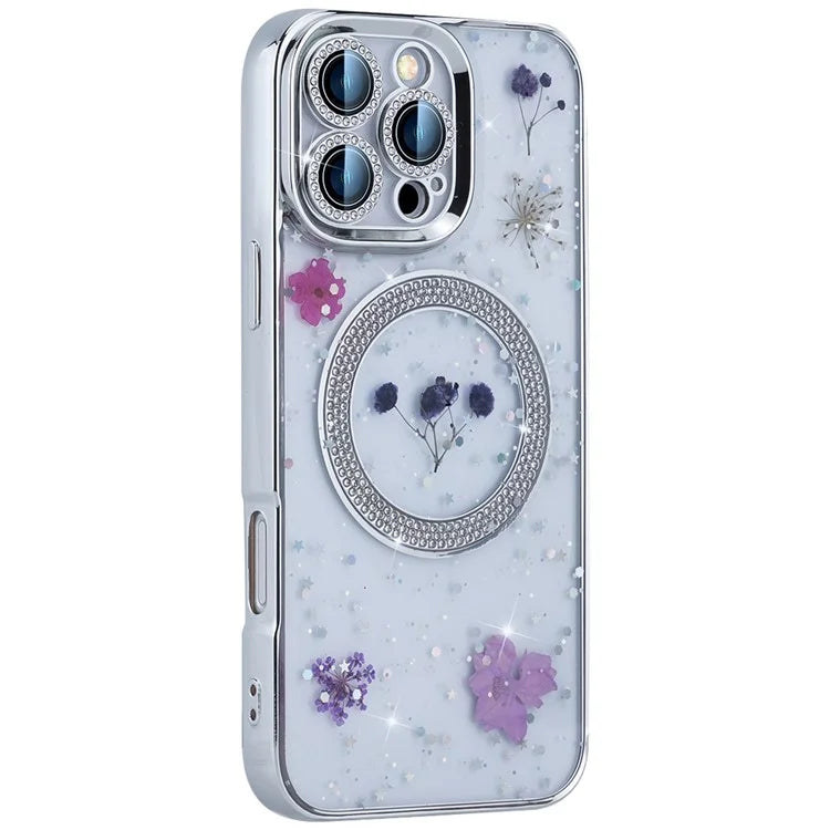 For iPhone 16 Pro Max Magnetic Case PC+TPU Epoxy Real Dried Flower Phone Cover