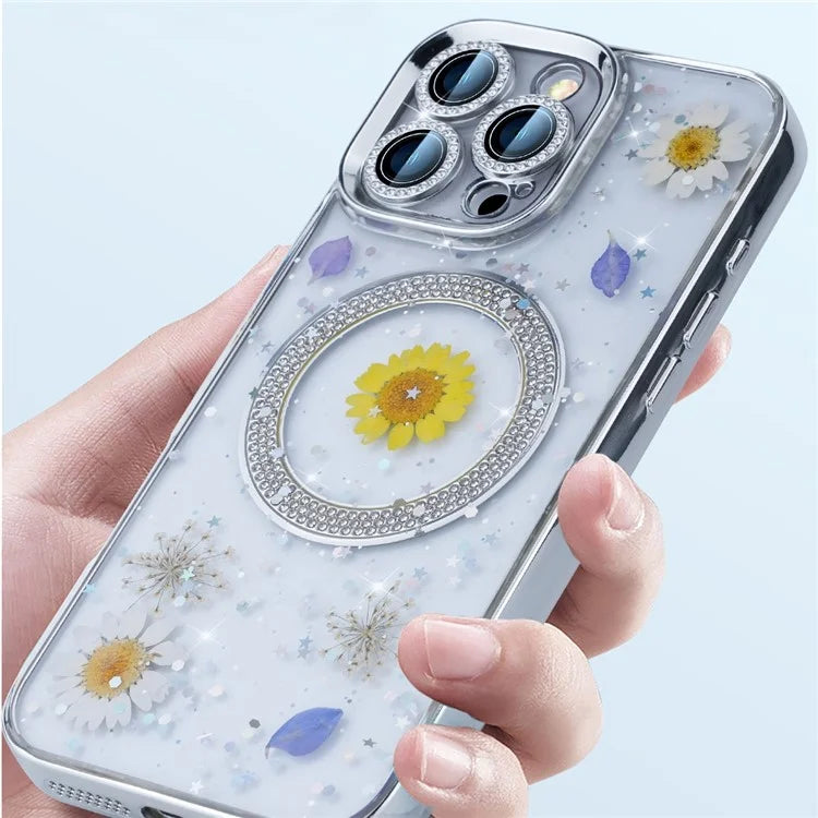 For iPhone 16 Pro Max Magnetic Case PC+TPU Epoxy Real Dried Flower Phone Cover