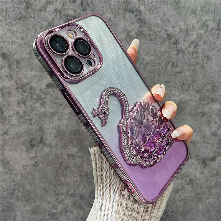 For iPhone 16 Pro Max Case Feather Yarn Texture Quicksand Swan TPU Phone Cover with Glass Lens Film