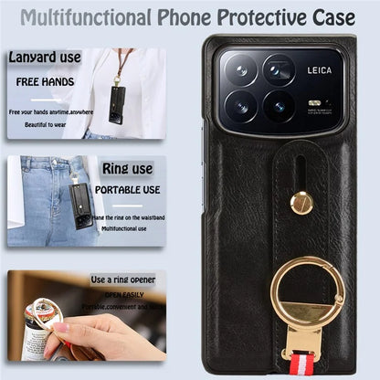 For Xiaomi Mix Fold 4 5G Case Leather+PC+TPU Wristband Cover with Bottle Opener Ring