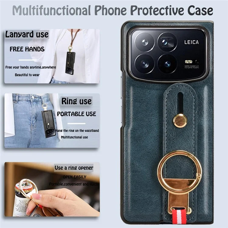 For Xiaomi Mix Fold 4 5G Case Leather+PC+TPU Wristband Cover with Bottle Opener Ring