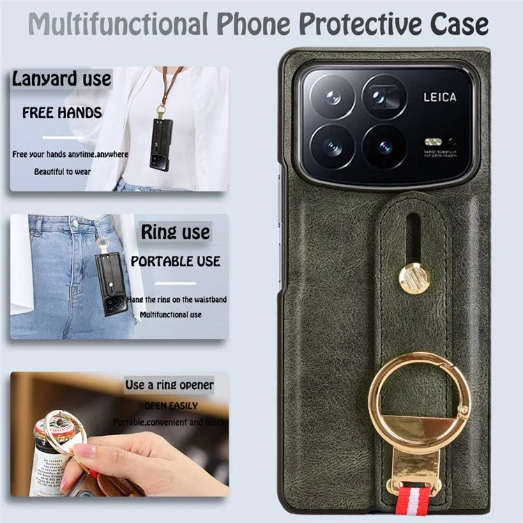 For Xiaomi Mix Fold 4 5G Case Leather+PC+TPU Wristband Cover with Bottle Opener Ring