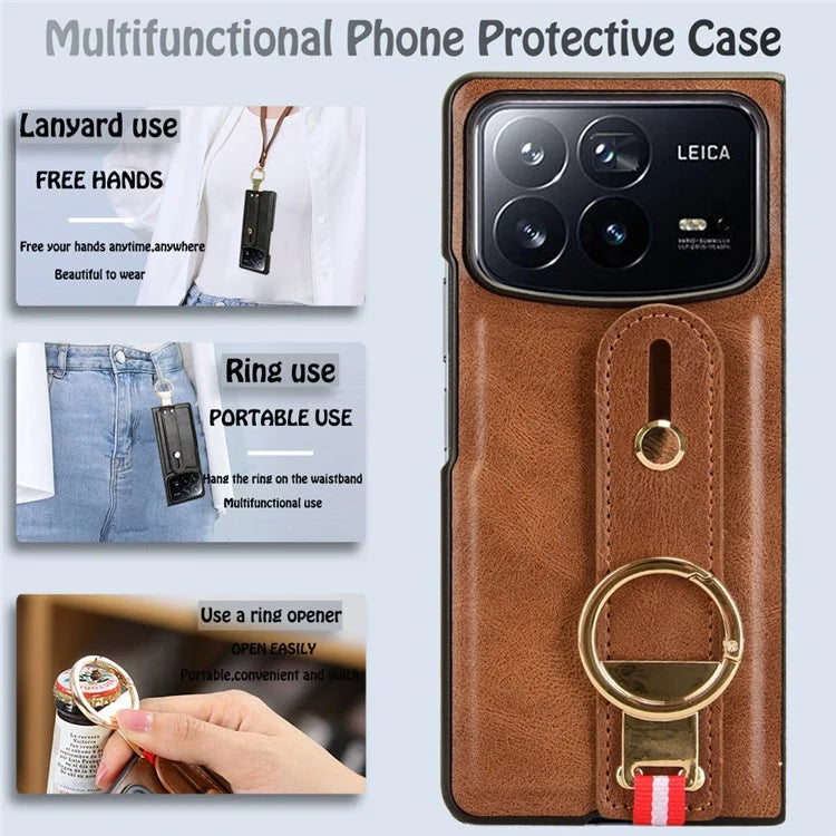 For Xiaomi Mix Fold 4 5G Case Leather+PC+TPU Wristband Cover with Bottle Opener Ring