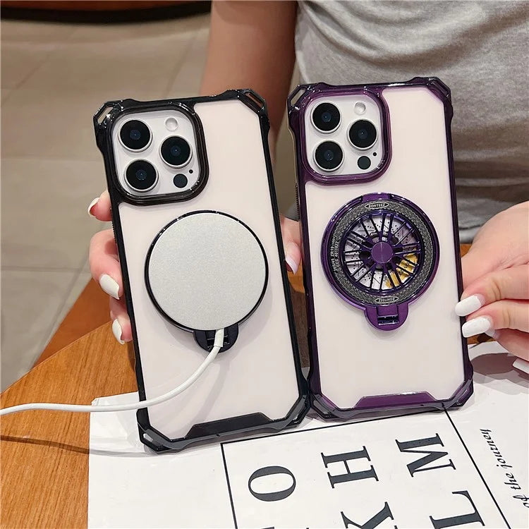 For iPhone 16 Pro Max Magnetic Case Gyroscope Kickstand Acrylic + TPU Phone Cover Reinforced Corners