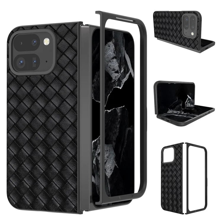 For Google Pixel 9 Pro Fold 5G Case Woven Texture PU Leather Coated PC Mobile Phone Cover