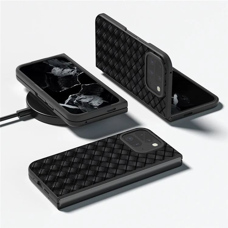 For Google Pixel 9 Pro Fold 5G Case Woven Texture PU Leather Coated PC Mobile Phone Cover