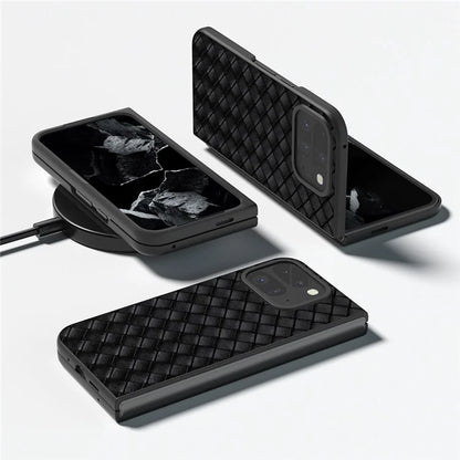 For Google Pixel 9 Pro Fold 5G Case Woven Texture PU Leather Coated PC Mobile Phone Cover