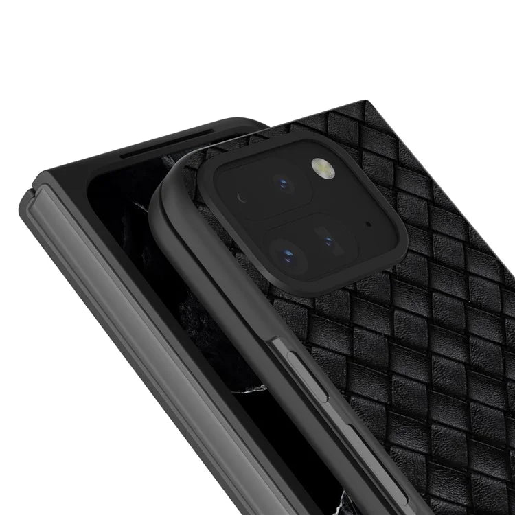 For Google Pixel 9 Pro Fold 5G Case Woven Texture PU Leather Coated PC Mobile Phone Cover
