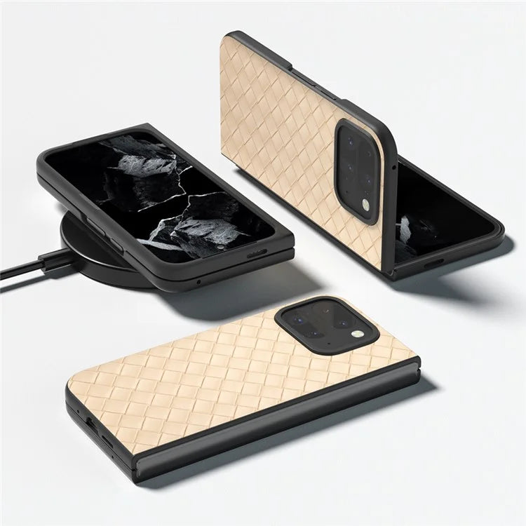 For Google Pixel 9 Pro Fold 5G Case Woven Texture PU Leather Coated PC Mobile Phone Cover