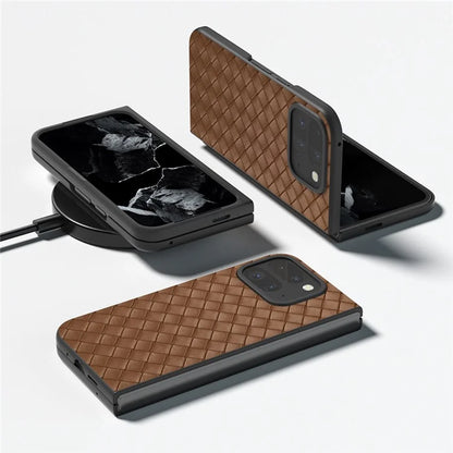 For Google Pixel 9 Pro Fold 5G Case Woven Texture PU Leather Coated PC Mobile Phone Cover