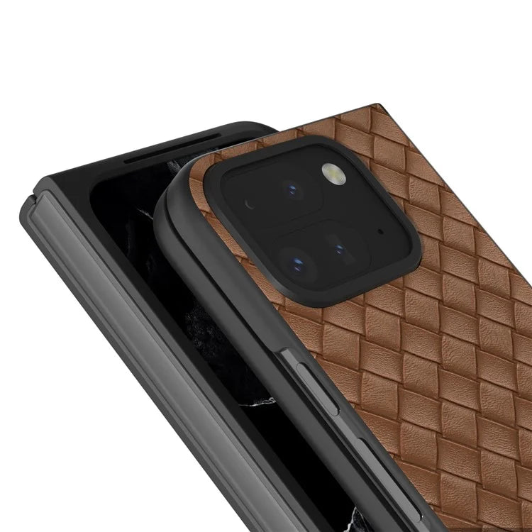For Google Pixel 9 Pro Fold 5G Case Woven Texture PU Leather Coated PC Mobile Phone Cover