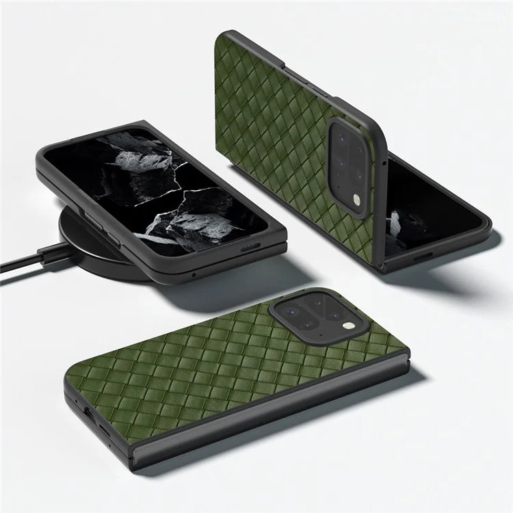 For Google Pixel 9 Pro Fold 5G Case Woven Texture PU Leather Coated PC Mobile Phone Cover