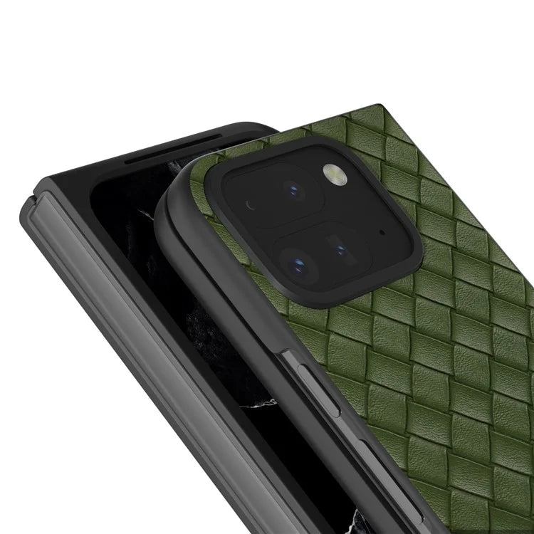 For Google Pixel 9 Pro Fold 5G Case Woven Texture PU Leather Coated PC Mobile Phone Cover