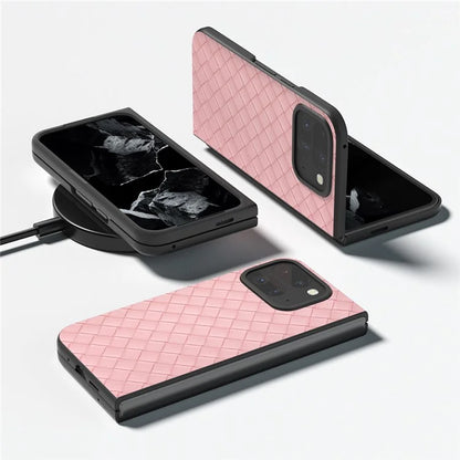 For Google Pixel 9 Pro Fold 5G Case Woven Texture PU Leather Coated PC Mobile Phone Cover