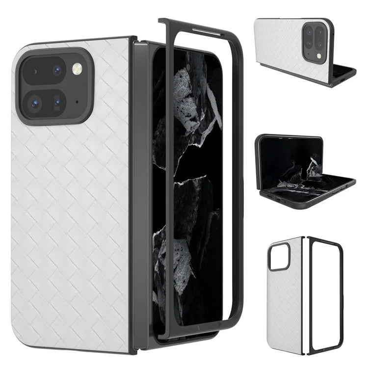 For Google Pixel 9 Pro Fold 5G Case Woven Texture PU Leather Coated PC Mobile Phone Cover