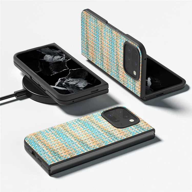 For Google Pixel 9 Pro Fold 5G Case Leather+PC Phone Cover Plaid Texture