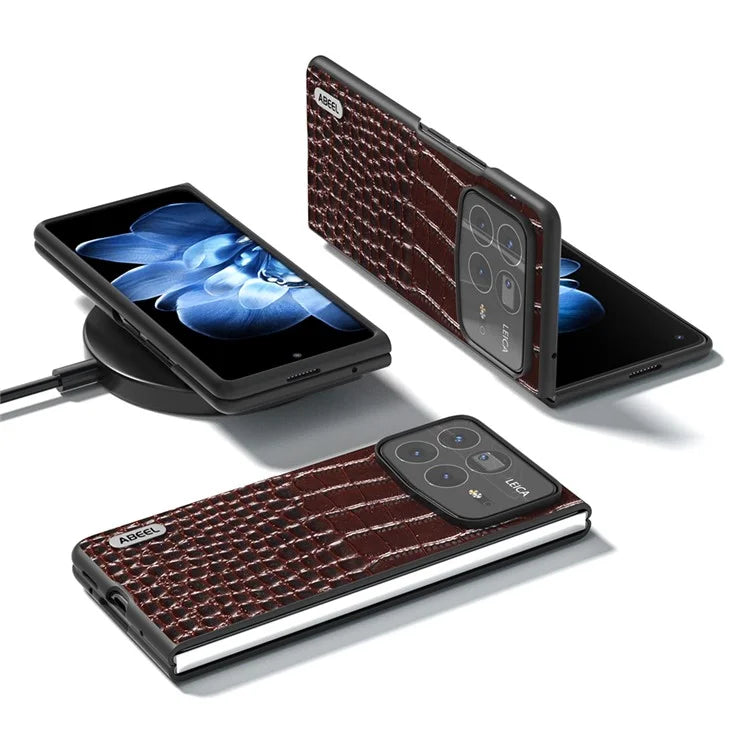 ABEEL For Xiaomi Mix Fold 4 5G Case Genuine Cow Leather Back Phone Cover Crocodile Texture
