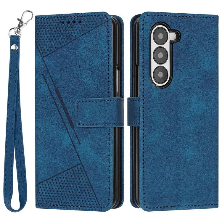 For Samsung Galaxy Z Fold6 5G Case Triangle Pattern Leather Phone Cover Wallet with Hand Strap